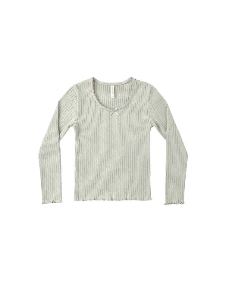 Sage ribbed long sleeve top by rylee + cru, featuring a scoop lace-trimmed neckline with a small center bow, displayed on a white background.