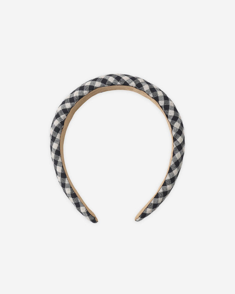 The rylee + cru padded headband in black check features a classic gingham pattern, shown on a white background.