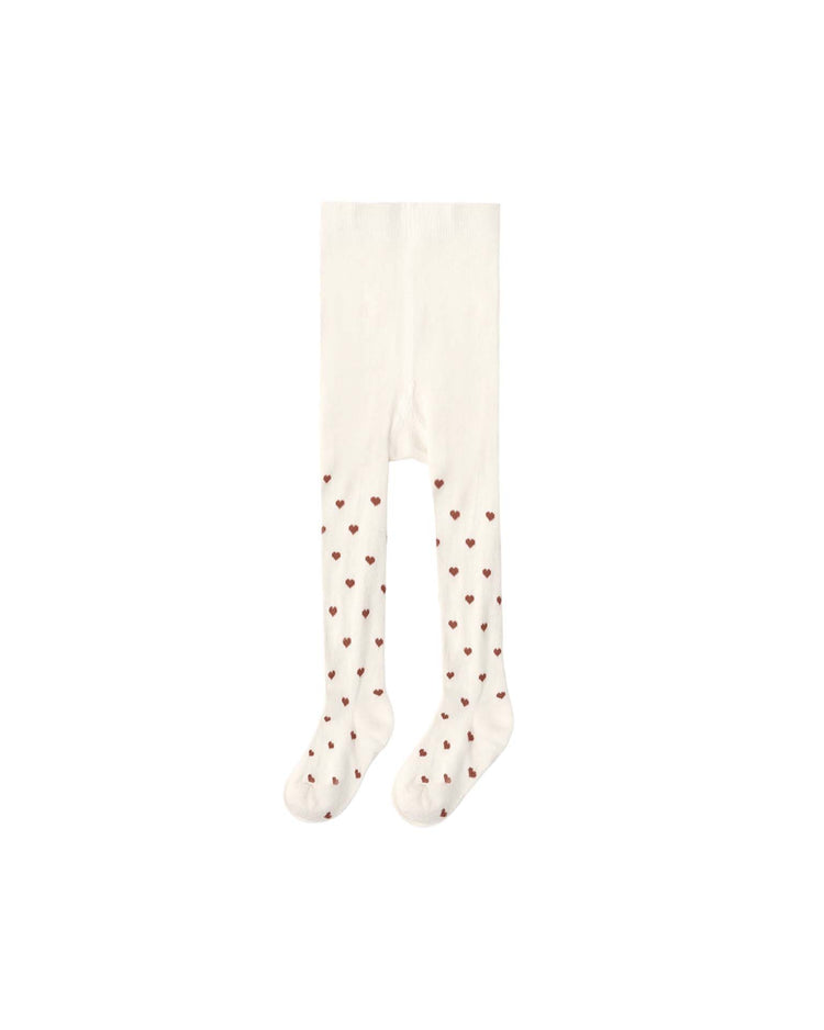 Rylee + Cru ribbed tights in mulberry heart for children, featuring a cozy knit design with charming small red hearts scattered mainly on the lower half of the legs and feet.