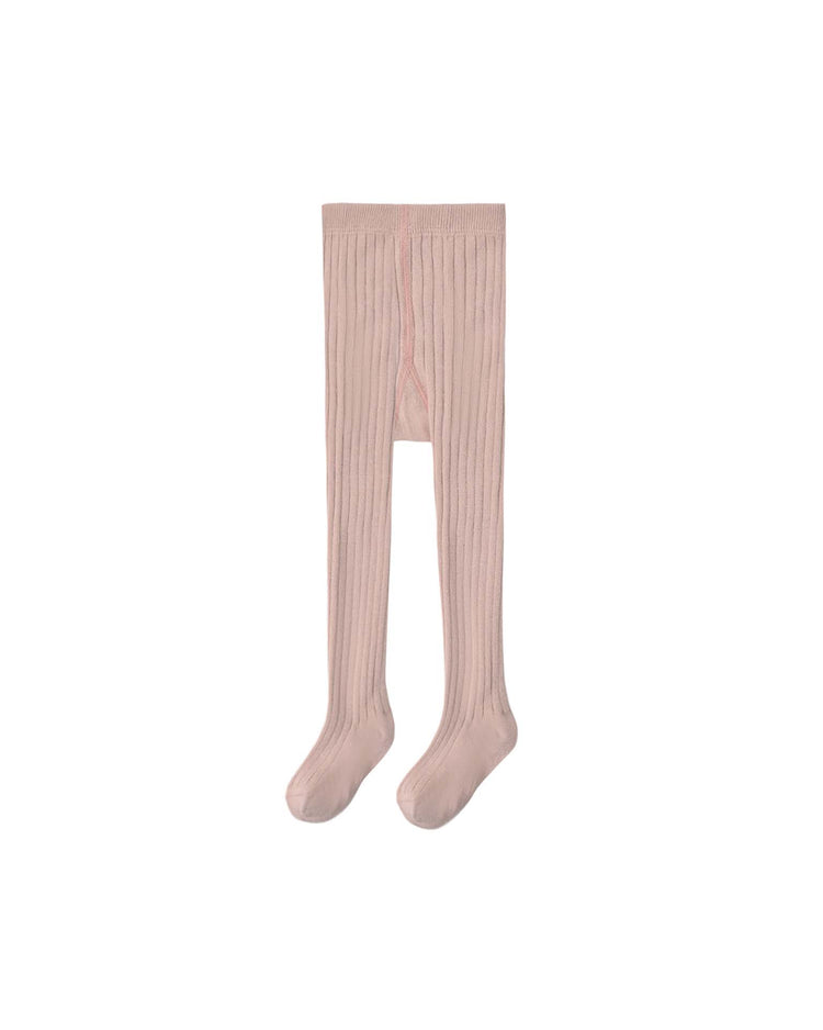 The rylee + cru ribbed tights in rosewood are displayed flat on a white background, with the toes facing forward and the waistband at the top. These children’s tights feature a cozy knit construction, delicate ribbed texture, and a subtle rosewood color—ideal for everyday style and comfort.
