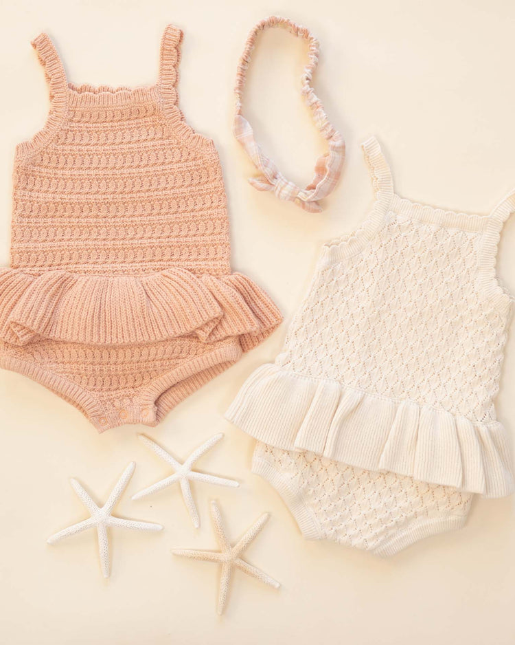 rylee + cru crochet ruffle romper in natural baby Little