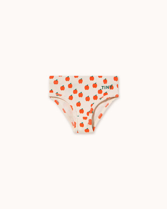 Children's underwear, the "apples briefs in off-white" by tiny cottons, is made from organic cotton and features a charming apple pattern with the brand's name elegantly printed on the side.