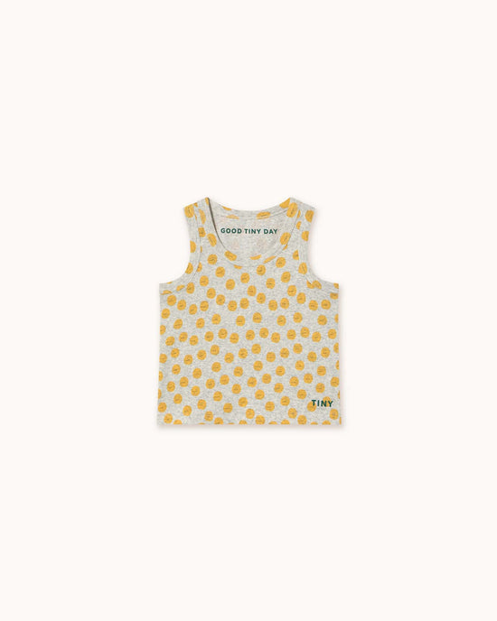 The sun tank top in light grey heather by tiny cottons features yellow polka dots and "GOOD TINY DAY" text inside the neckline, crafted from soft, organic cotton.