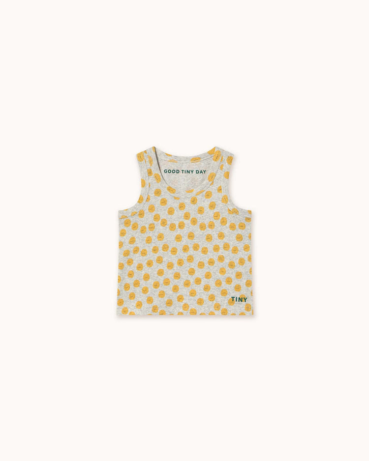 The sun tank top in light grey heather by tiny cottons features yellow polka dots and "GOOD TINY DAY" text inside the neckline, crafted from soft, organic cotton.