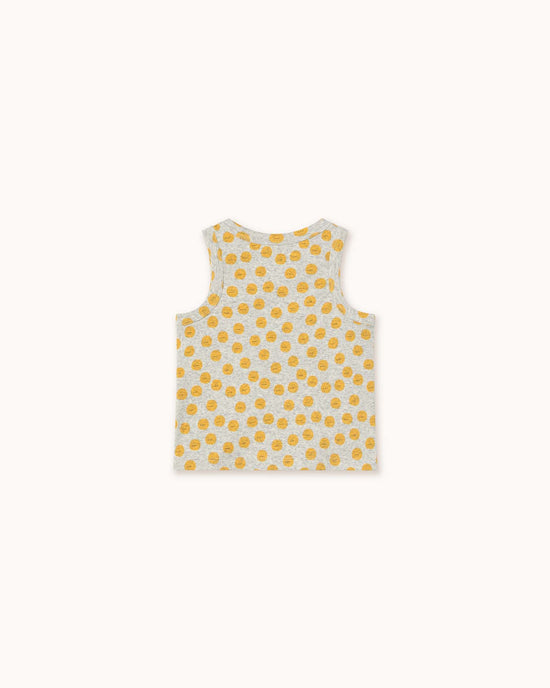 The sun tank top from tiny cottons is sleeveless and features unique yellow polka dots on a light gray heather background, crafted from soft organic cotton.