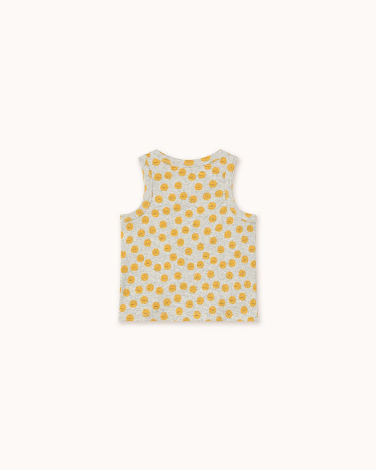 The sun tank top from tiny cottons is sleeveless and features unique yellow polka dots on a light gray heather background, crafted from soft organic cotton.