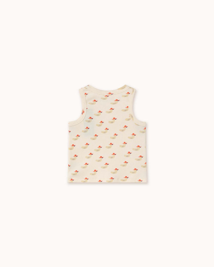 The tiny cottons ducks tank top in off-white is a sleeveless piece made from premium organic cotton, featuring a whimsical print of red and green whales playfully scattered across the fabric, stylishly displayed from the back.