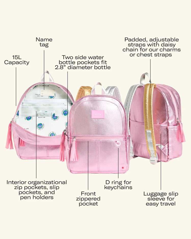 Three “Happy Fuzzy Hearts” Kane backpacks by State Bags are shown from the front, side, and back. Labels point out practical features: a name tag, 15L capacity, water bottle pockets, interior zip pockets, a front pocket, keychain ring, padded straps, and a luggage sleeve—everything you’d expect from a reliable Kane travel or school backpack.