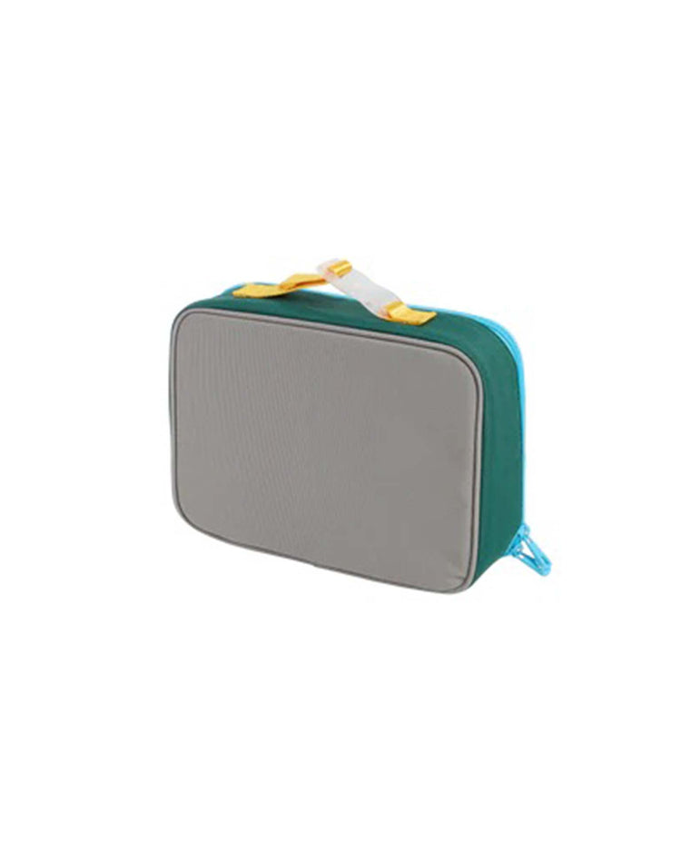 A rectangular green and navy "rodgers lunch box" by STATE Bags, featuring teal sides, a yellow-and-white handle, and a blue zipper, is photographed against a white background.
