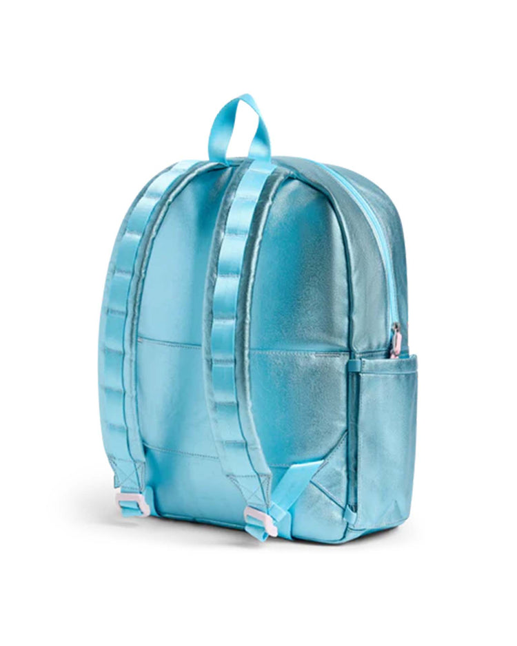 A shiny light blue kane backpack in clouds by state bags, featuring padded shoulder straps and a front zip pocket, is shown from the back on a white background.