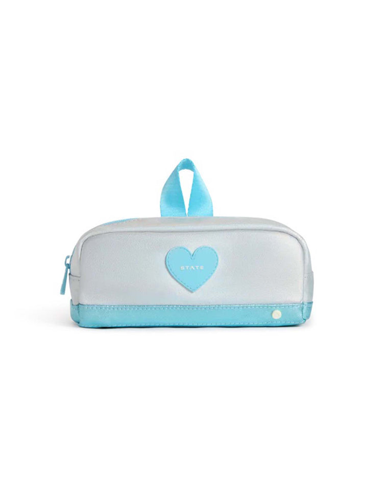 A small, blue iridescent zippered Clinton Pencil Case with a matching blue handle on top, this durable pencil case from State Bags is both practical and stylish.