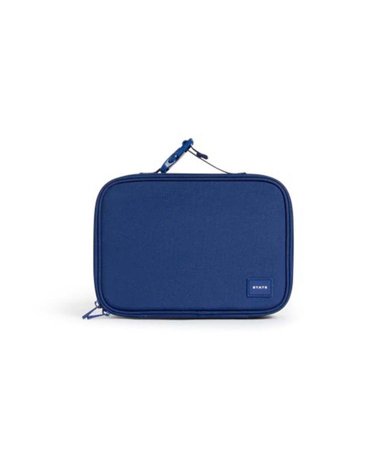 A rodgers lunch box in navy by state bags, featuring a rectangular shape, insulated design, zipper closure, and top handle, displayed against a plain white background.