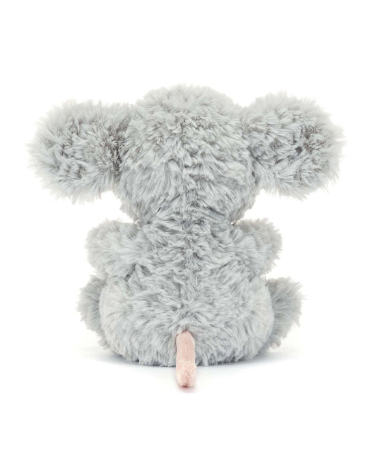 Back view of a gray plush Yummy Mouse by Jellycat with large ears and a pink tail, perfect for cuddling. A delightful gift for kids.