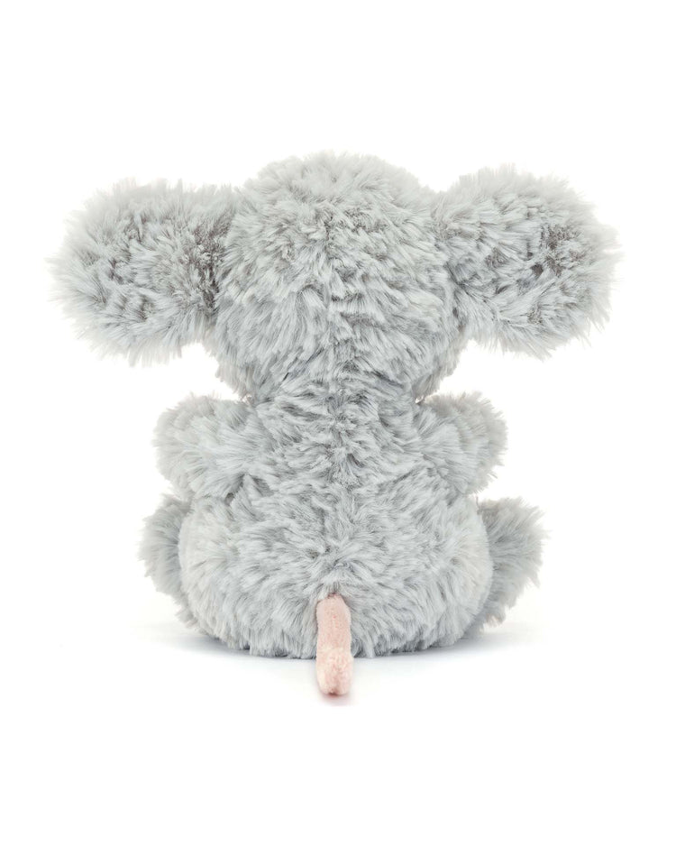 Back view of a gray plush Yummy Mouse by Jellycat with large ears and a pink tail, perfect for cuddling. A delightful gift for kids.