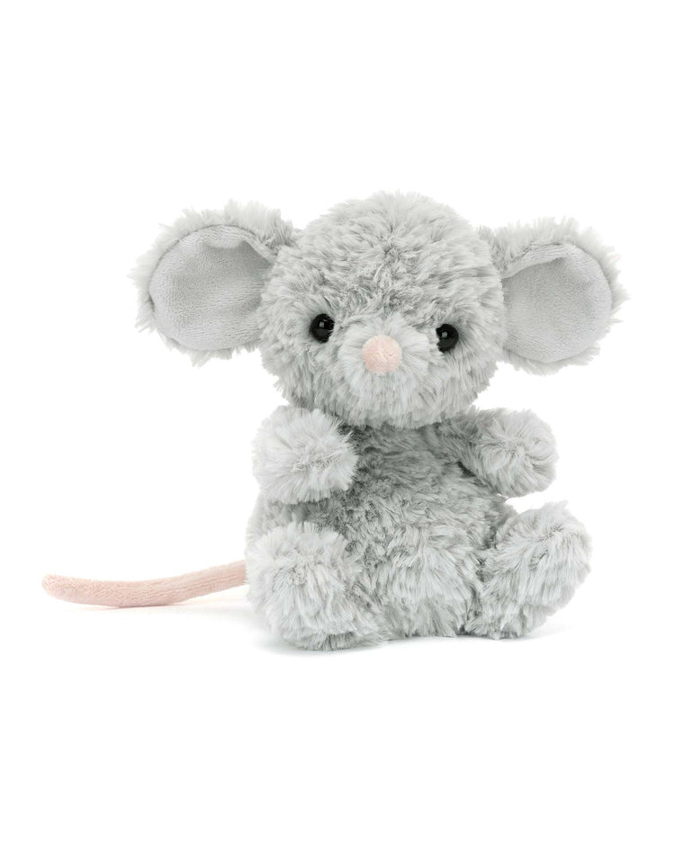Discover the Jellycat Yummy Mouse, a plush gray cuddly toy with oversized ears, black eyes, a pink nose, and a long pink tail. Perfect for kids who adore cute companions!.