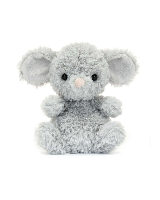 The Jellycat Yummy Mouse is a cuddly toy with light gray fur, large ears, and a pink nose that sits upright on a white background. Its the perfect gift for kids, inviting endless hugs and snuggles.