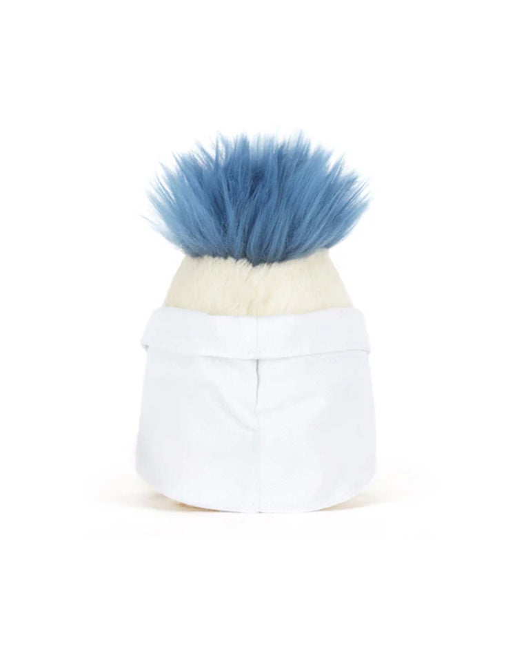 The amuseables boiled egg scientist outfit plush by Jellycat features fluffy blue hair, a white collared shirt, and is shown from the back against a plain white background.