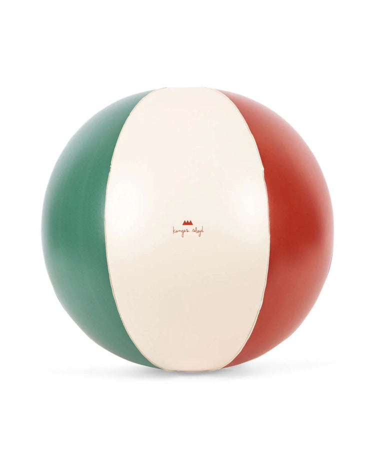 The konges sløjd beach ball in multi features three vertical panels in green, white, and red, plus a small red logo centered on the white panel.