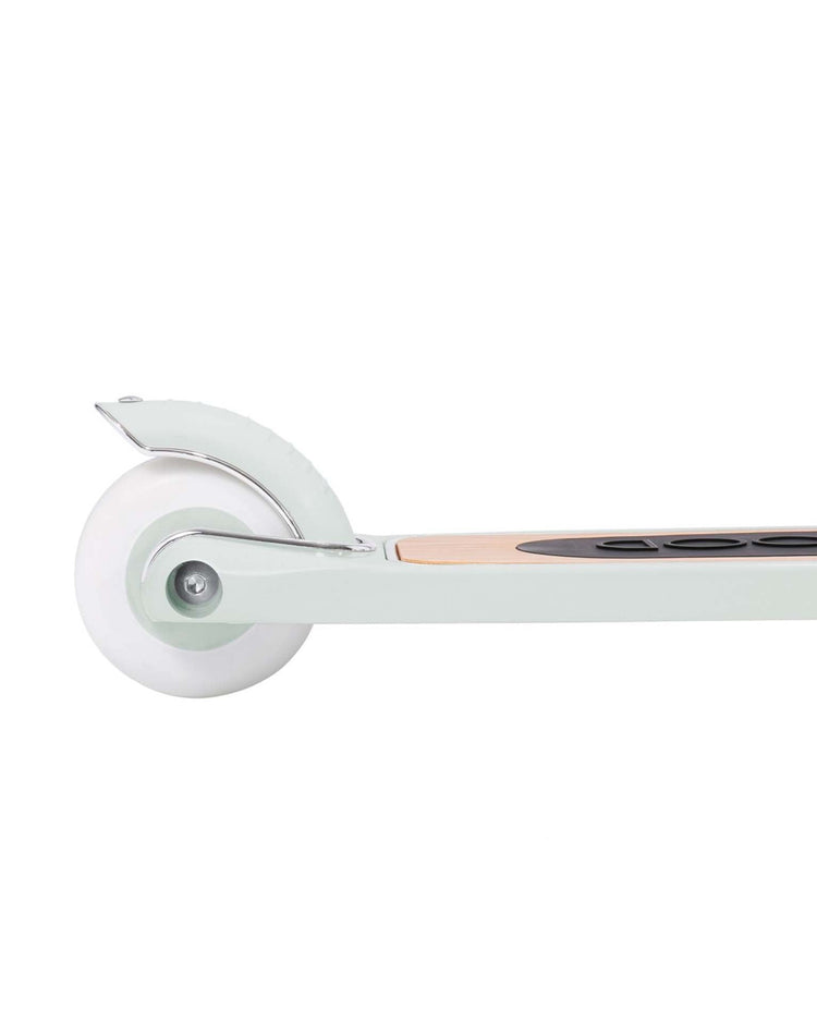 Close-up of the rear wheel, brake, and deck of the banwood scooter in mint by banwood, shown against a plain white background.