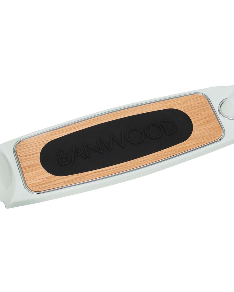 Close-up of the banwood scooter in mint shows a wooden-finish deck with a large black BANWOOD grip and highlights its Easy Ride Steering System on this three-wheeled kick scooter.
