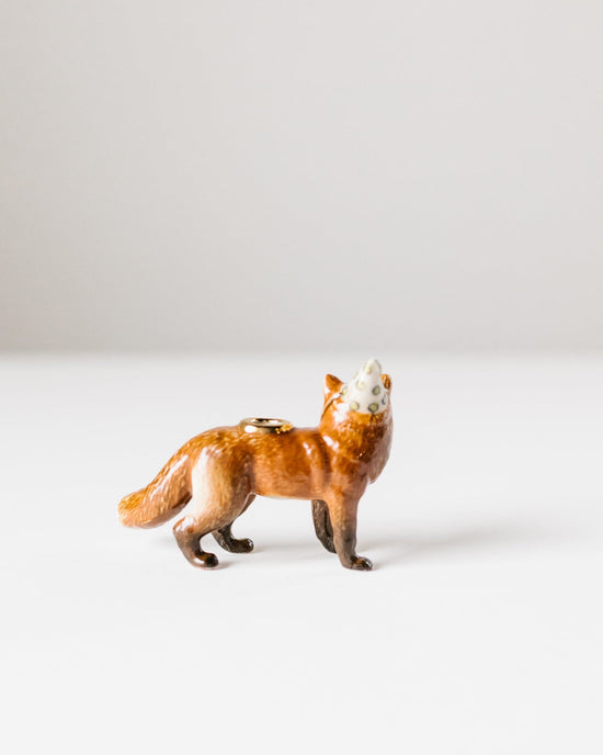 Camp Hollow Red Fox Cake Topper with a glossy finish, featuring a ring holder on its back.