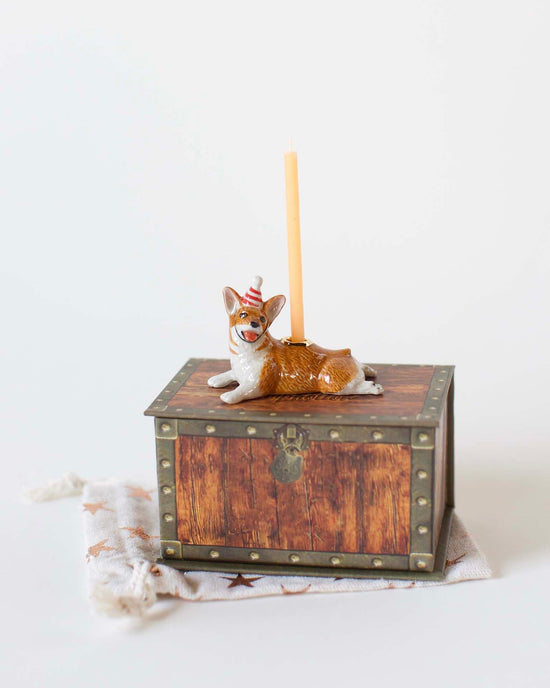 A Camp Hollow year of the dog cake topper with a party hat, lying atop a small wooden chest with a single candle inserted in it, set against a white background.