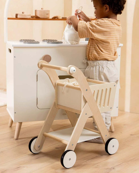 Little coco village play wooden shopping cart in natural + white