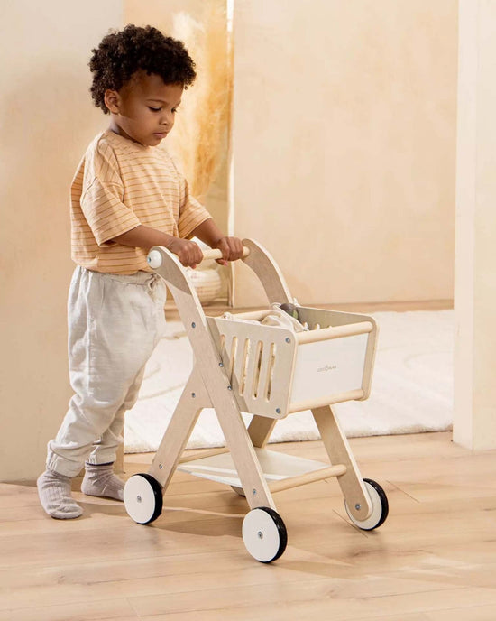 Little coco village play wooden shopping cart in natural + white