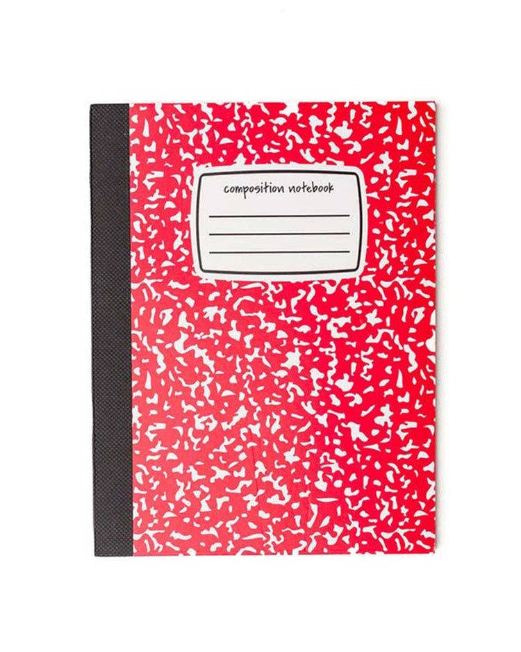 The candy apple mini composition notebook by daydream society, featuring a red and white marbled design with a black spine, includes a blank label on the cover for a student's name and subject, making it perfect for note-taking.