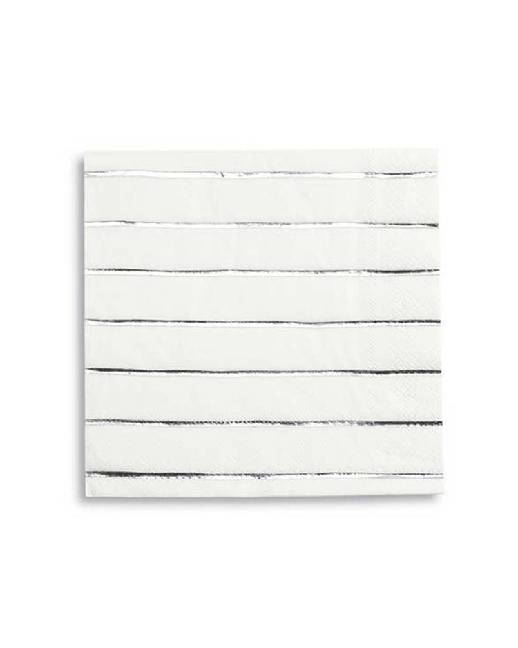 The silver frenchie striped petite napkins by daydream society feature a white design with evenly spaced horizontal black stripes, reminiscent of the classic Breton stripe—perfect for adding a touch of sophistication to your cocktail parties.