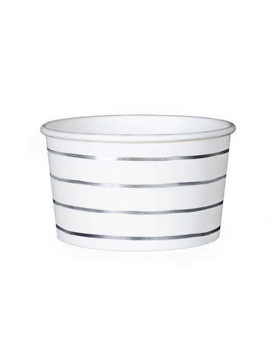 A white silver frenchie striped treat cup by daydream society, adorned with horizontal silver stripes reminiscent of the classic French Breton stripe.