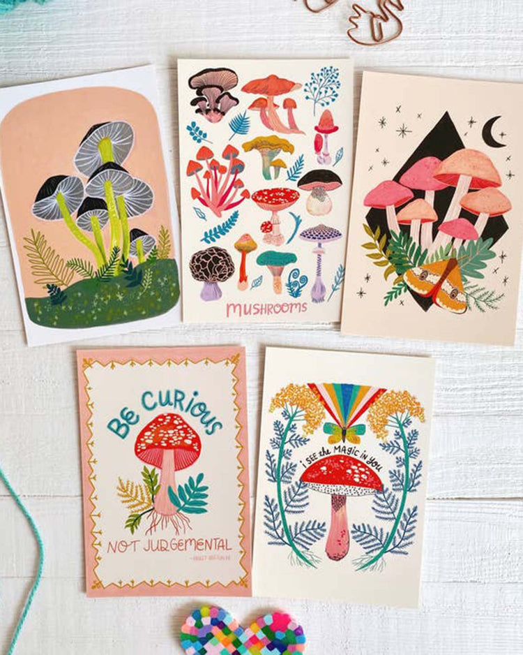Little dream folk studio party mushroom postcard pack of 10
