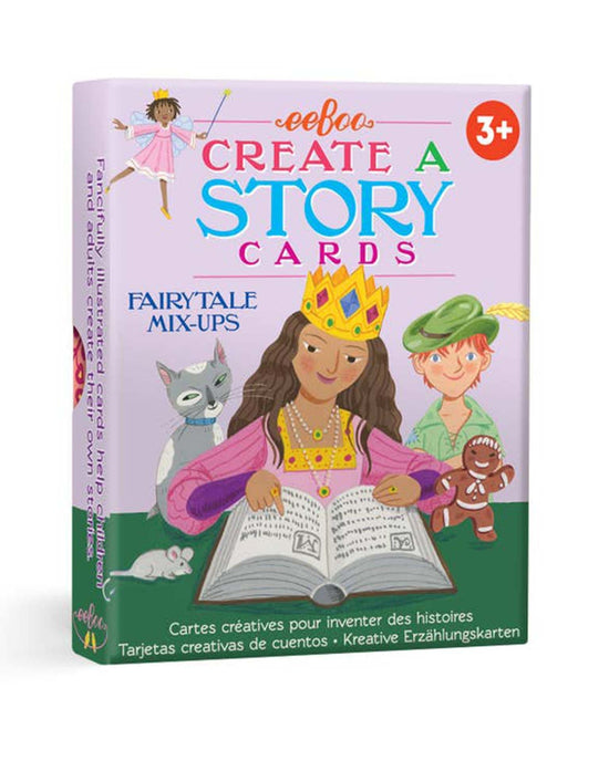 Box of "fairytale mix-ups create a story" by eeboo, recommended for ages 3 and up. Features illustrations of a princess, a masked cat, and a child in a green outfit. Encourage critical thinking skills as kids mix and match fairy tale characters for endless storytelling fun.