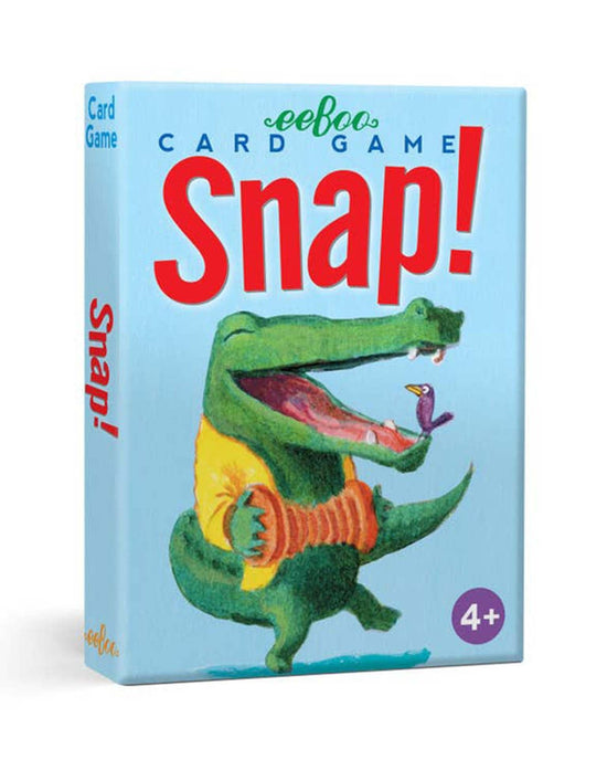 Introducing the Snap Playing Cards by eeBoo – a classic game presented in a blue box. The packaging features an illustration of a laughing crocodile in a striped shirt, holding a small bird. Filled with snappy rhymes, this delightful game is perfect for children aged 5 and up.