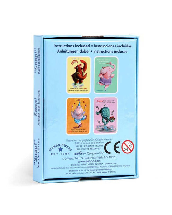 Back of a Snap Playing Cards box from eeboo showing four illustrated animal characters in various activities. Text includes bilingual instructions note and company information at the bottom. This classic game is perfect for ages 5 and up, sure to delight with its snappy rhyme!