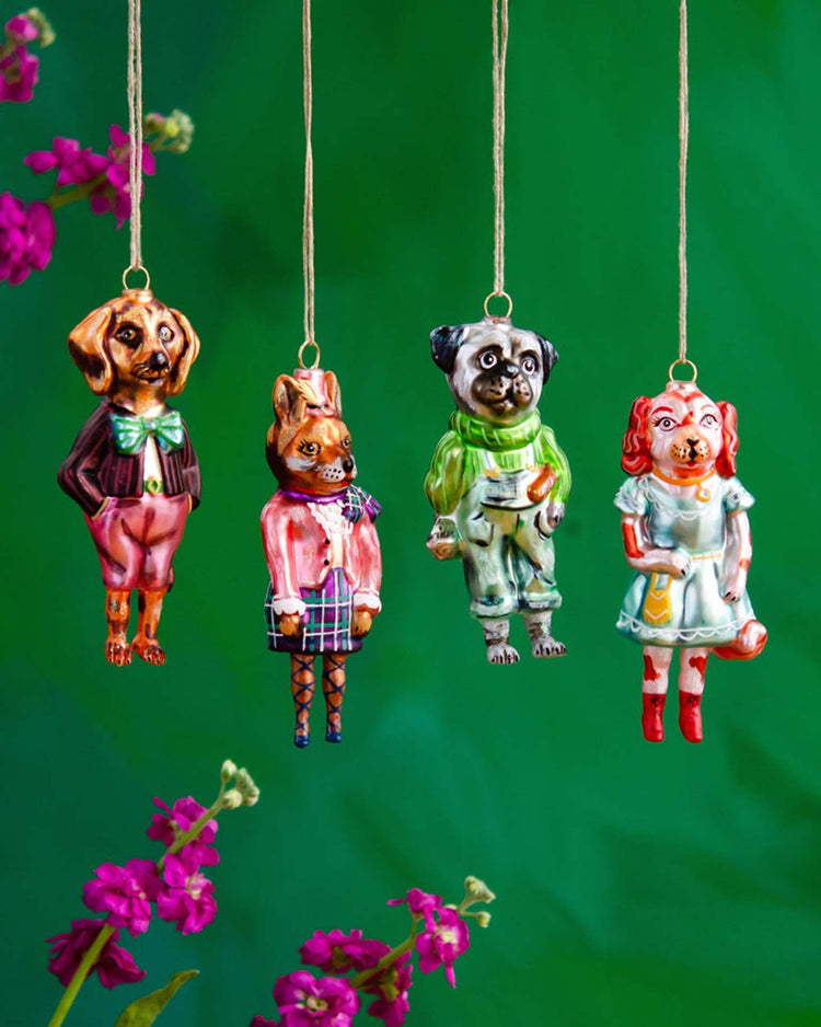 Little glitterville paper + party dressed dog ornaments