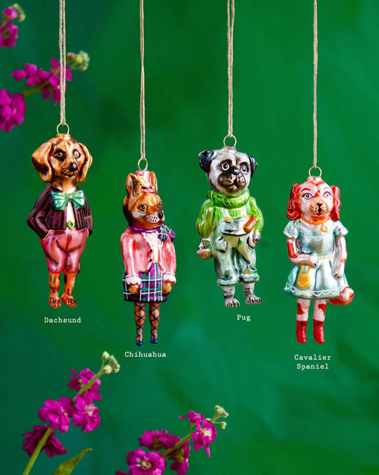 Little glitterville paper + party dressed dog ornaments