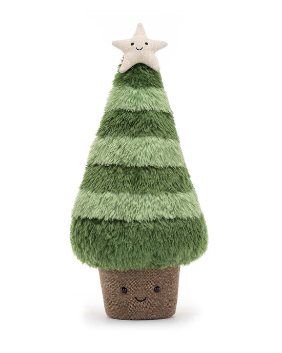 Amuseable Nordic Spruce Christmas Tree Large by Jellycat features green fluffy layers, a smiling star on top, and a linen effect pot with a face at the base.