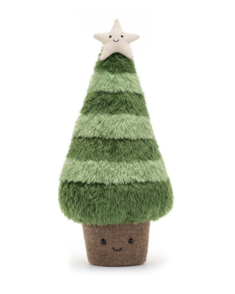 Amuseable Nordic Spruce Christmas Tree Large by Jellycat features green fluffy layers, a smiling star on top, and a linen effect pot with a face at the base.