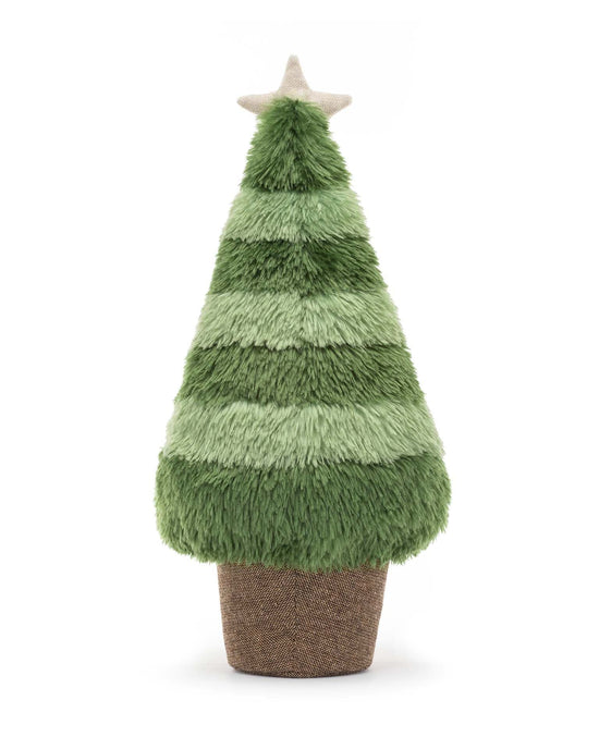 The Amuseable Nordic Spruce Christmas Tree Large by Jellycat features varying shades of green, a beige star on top, and a brown base nestled in a linen-effect pot.