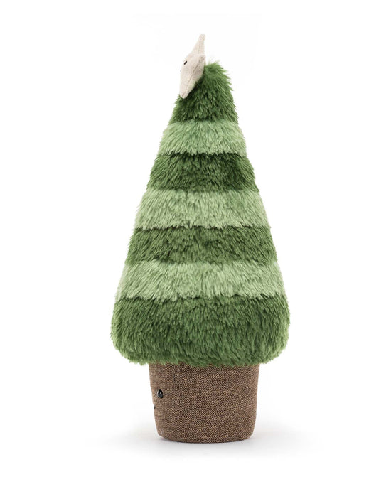 A plush green Amuseable Nordic Spruce Christmas Tree decoration by Jellycat, featuring varying shades of green stripes and a star on top, standing on a brown base with a charming linen effect pot.