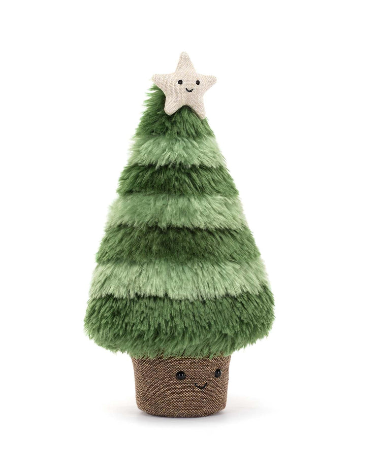 A plush Jellycat Amuseable Nordic Spruce Christmas Tree Little with a star on top and a smiling face on both the festive tree and its textured linen pot.