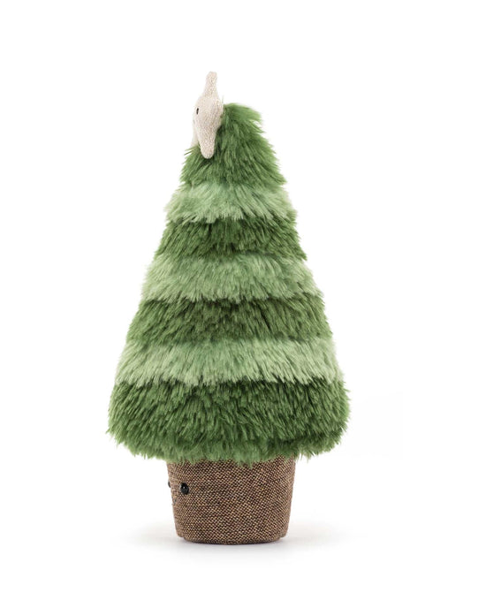 The Amuseable Nordic Spruce Christmas Tree Little by Jellycat is a plush toy shaped like a green Christmas tree with varying shades of green branches and a small white bird perched on top, placed in a textured linen pot.