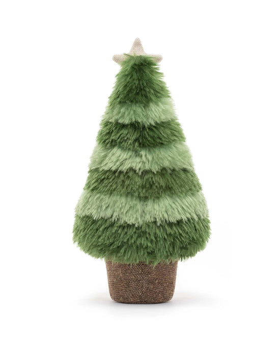 The Amuseable Nordic Spruce Christmas Tree Little by Jellycat features a charming stuffed green tree with a star on top, layered branches, and is placed in a textured linen pot for an added touch of rustic charm.