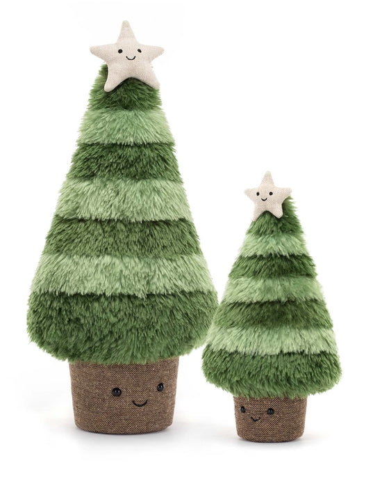 Two plush amuseable Nordic spruce Christmas tree toys by Jellycat, featuring smiling faces; one is larger than the other. Both festive trees have striped green layers and are topped with a star.