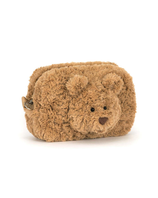 The jellycat bartholomew bear pouch is a rectangular brown zippered bag featuring Bartholomew Bears cute face and ears on the front.