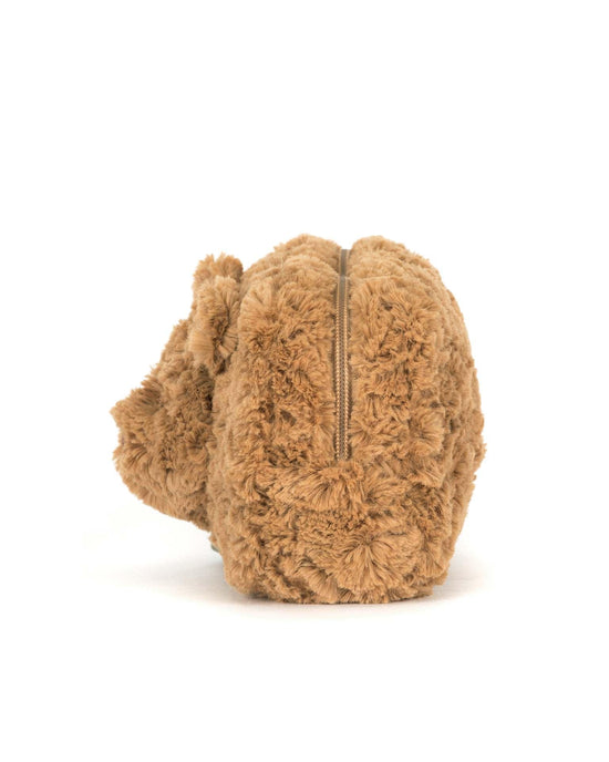 A brown, plush jellycat bartholomew bear pouch shaped like Bartholomew Bears head is shown from the back against a white background.