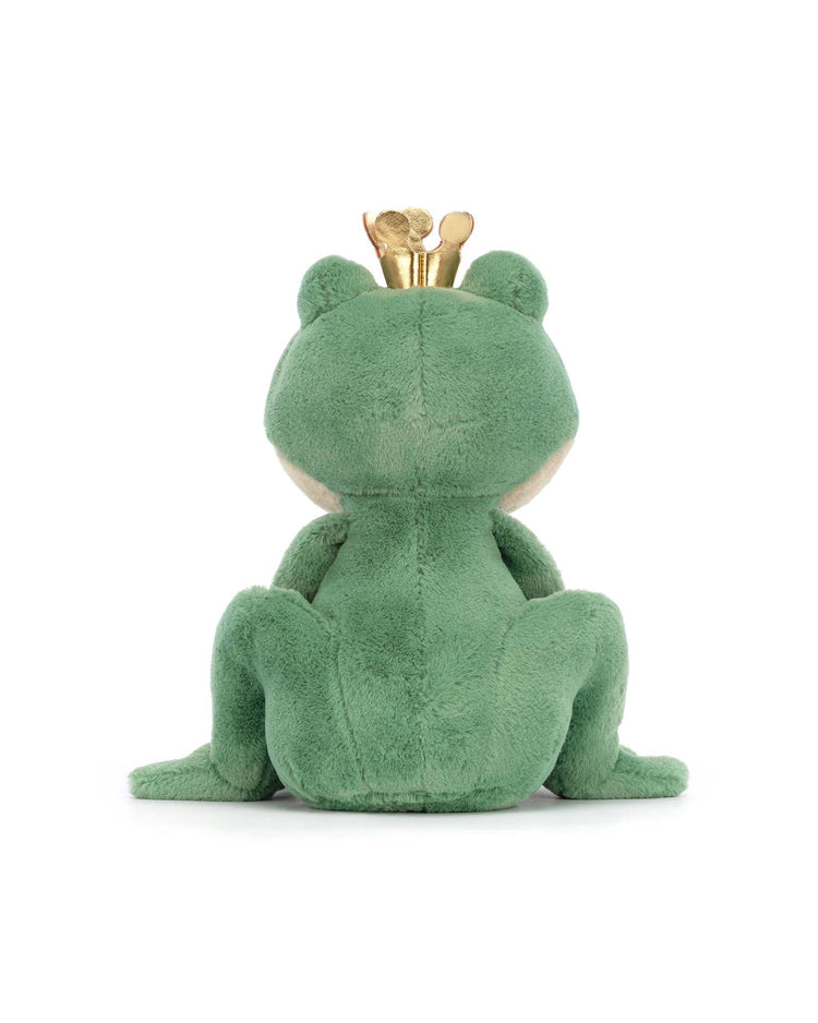 A charming stuffed animal from Jellycat, the Fabian Frog Prince is a green plush frog adorned with a gold crown, seated and facing away—an ideal toy for babies.