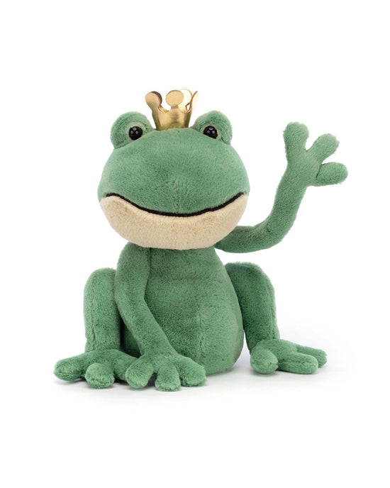 A plush Fabian Frog Prince by Jellycat, wearing a gold crown, waves with one hand raised.