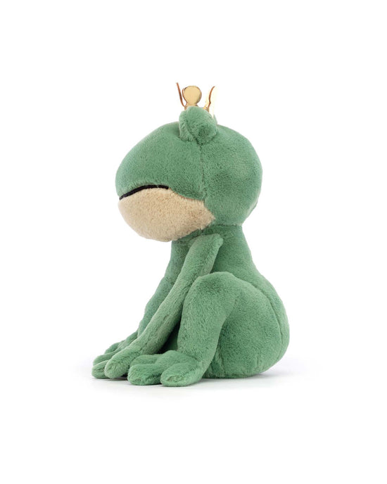 A green plush "Fabian Frog Prince" by Jellycat, adorned with a golden crown, sits upright on a white background, making it the perfect stuffed animal toy for babies.